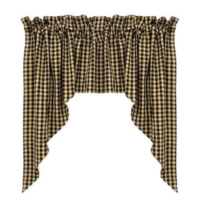 2-Piece Black and Beige Gingham Swag Curtains Rustic Farmhouse Style Fabric Window Decor - 36” L x 36” W x 0.25” H