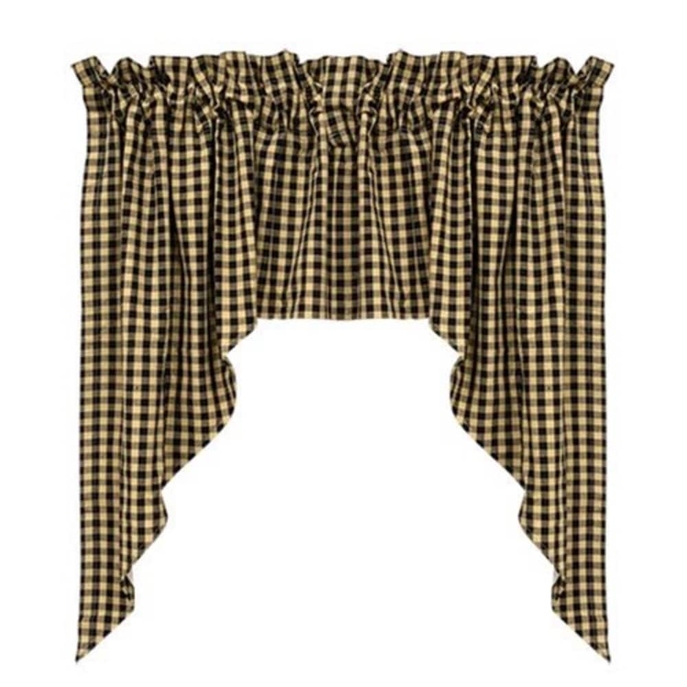 2-Piece Black and Beige Gingham Swag Curtains Rustic Farmhouse Style Fabric Window Decor - 36” L x 36” W x 0.25” H