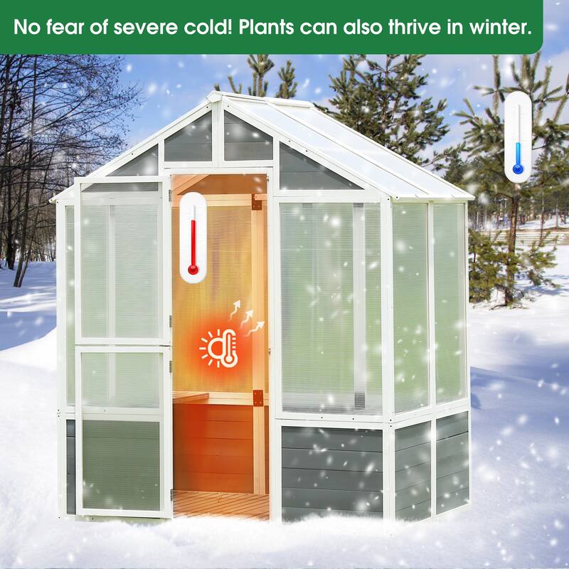 Greenhouse, Wooden Greenhouse Polycarbonate Garden Shed for Plants, Grow House with Front Entry Door