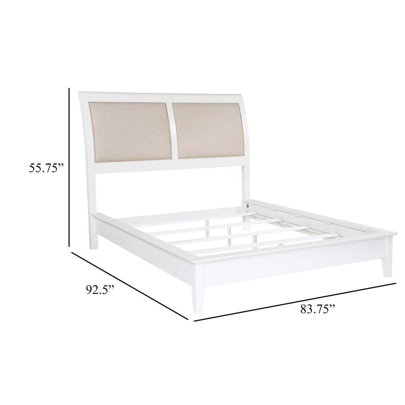 Heo King Size Bed, Sleigh Beige Upholstered Headboard, White Wood