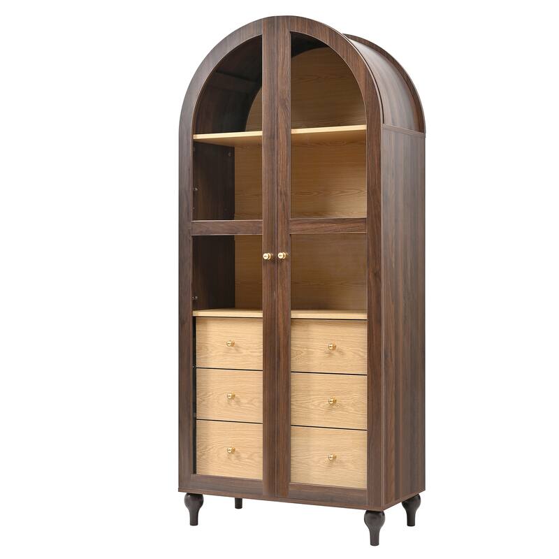 Christopher Knight Home - Farmhouse Arched Wood Kitchen Pantry Cabinet with Glass Doors & Hidden Drawers