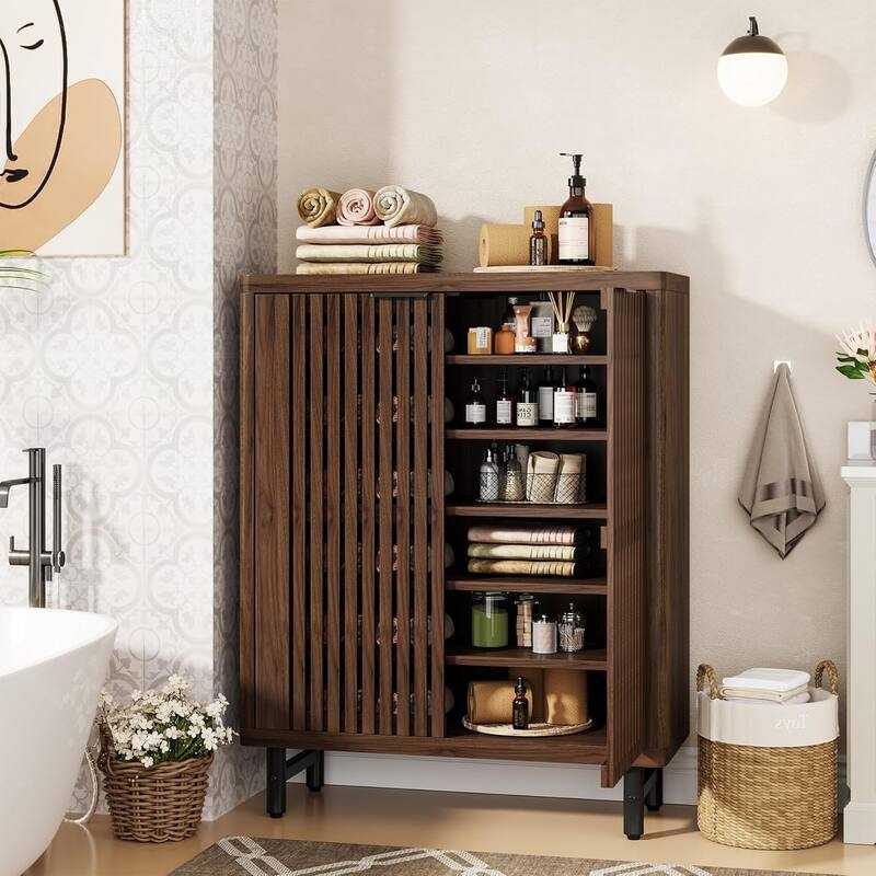 6-Tier Bathroom Floor Cabinet 2 Shutter Doors Adjustable Shelves Wooden Storage Sideboard for Kitchen/Living Room