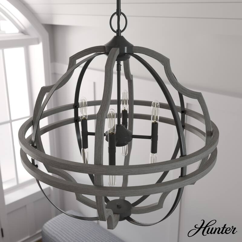 Hunter 25" Stone Creek 8-Light Pendant - Entry, Dining Room, Kitchen Island - Modern Farmhouse, Rustic, Transitional - Noble Bronze-White Washed Oak
