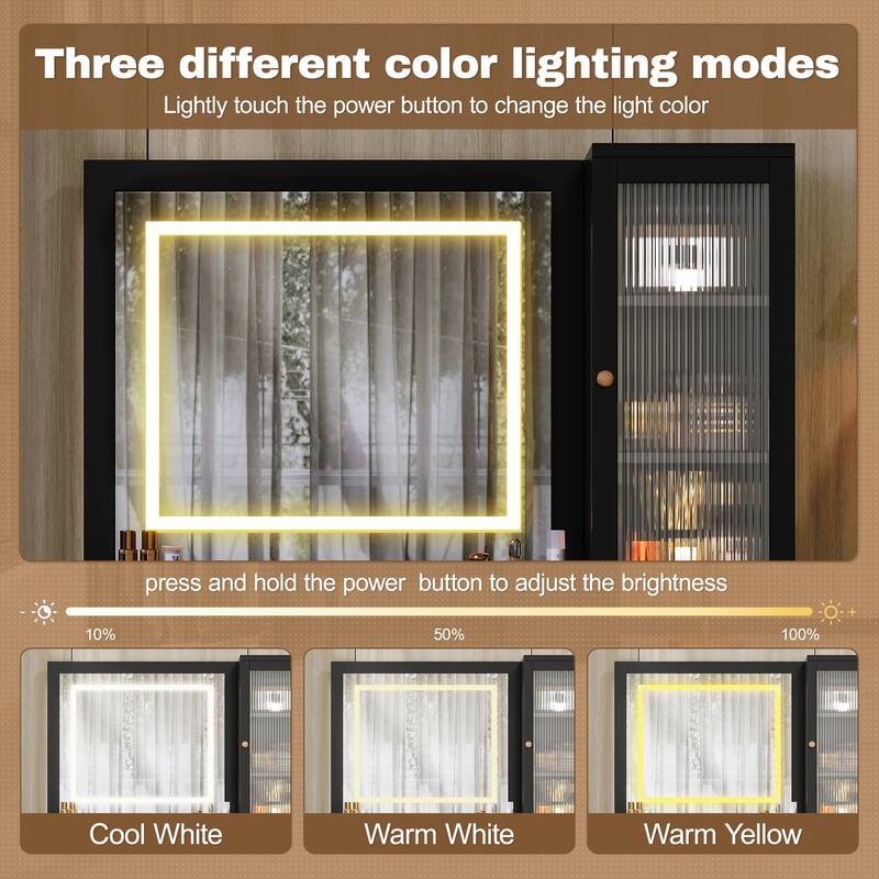 Fluted Makeup Vanity Desk with Charging Station, Bedroom Dressing Table Set with Storage Stool, Large Mirror and Lights