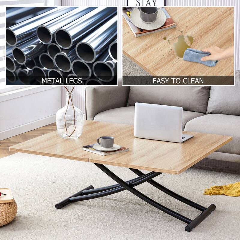 43.3" Modern Rectangular Coffee Table with 0.8-inch MFC Tabletop and Black Metal Legs