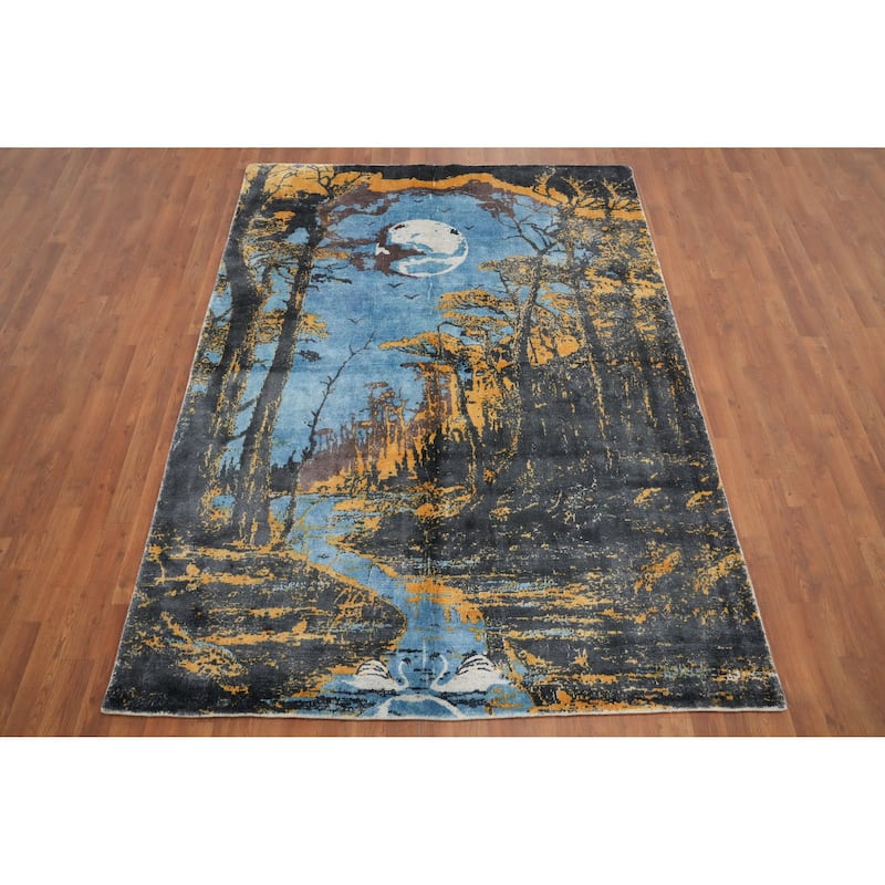 Hand Knotted Oriental Viscose Silk Carpet Modern Animal Pictorial Multi-Colored Abstract Area Rug - 7' 7'' X 5' 6''