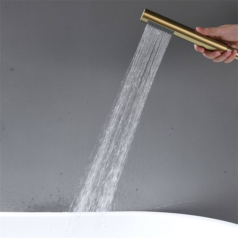 Freestanding Tub Faucet Brushed Gold Floor Mount Tub Filler with Double Handles and Handheld Shower Mixer Taps