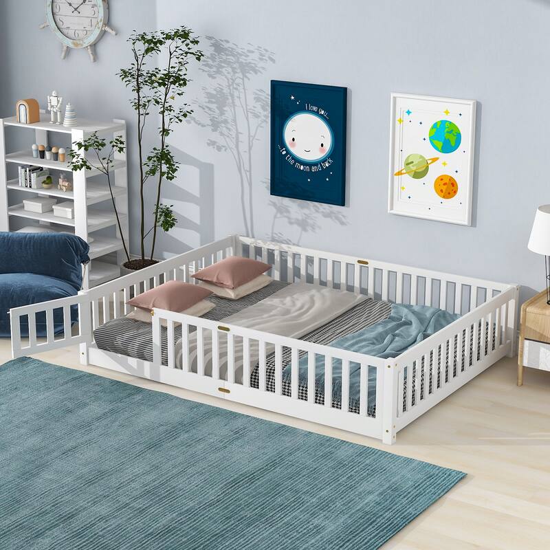 Queen size Floor Platform Bed with Fence Guardrails and Door