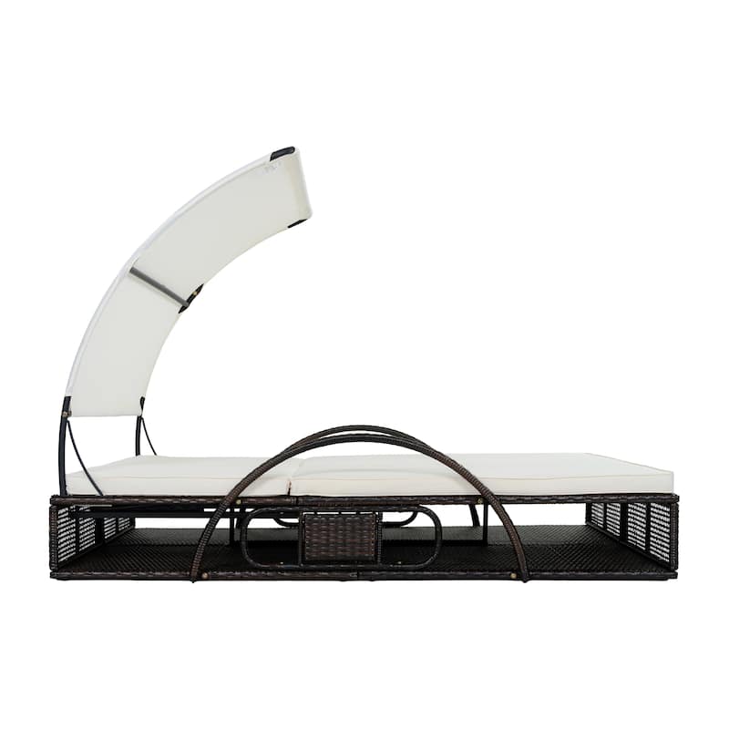 Outdoor Steel Frame Sun Lounger with Adjustable Backrest,Patio Double Sunbed with Hidden Side Table and Arched Armrests
