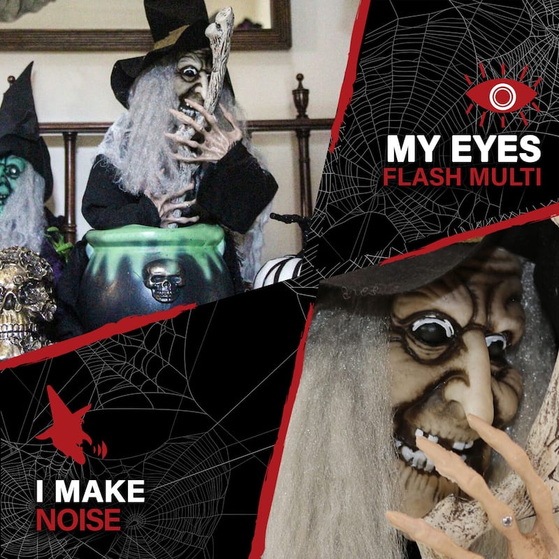 Haunted Hill Farm 1.6-ft. Animated Witch, Indoor/Covered Outdoor Halloween Decoration, Red/Green LED Eyes, Evanora