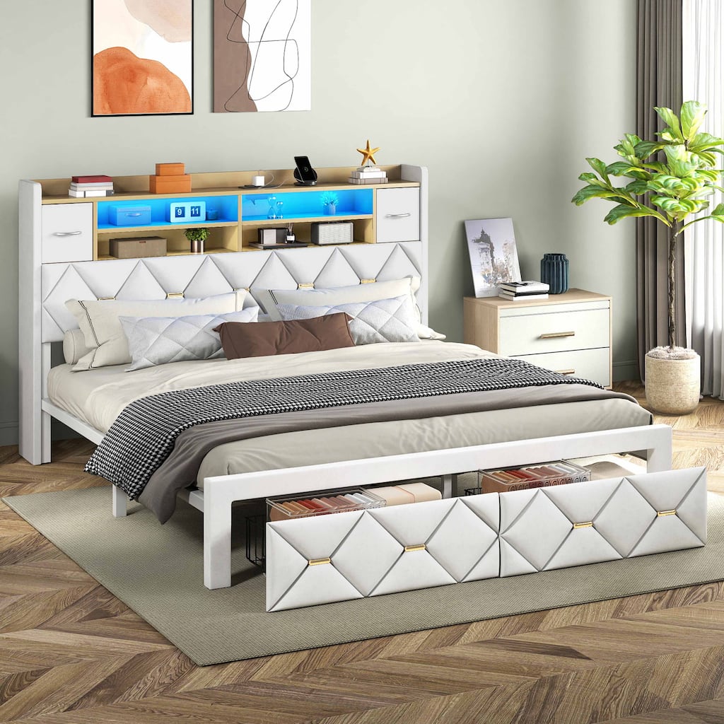 Moasis Upholstered Bed Frame with Storage Headboard And Charging Station and LED Light