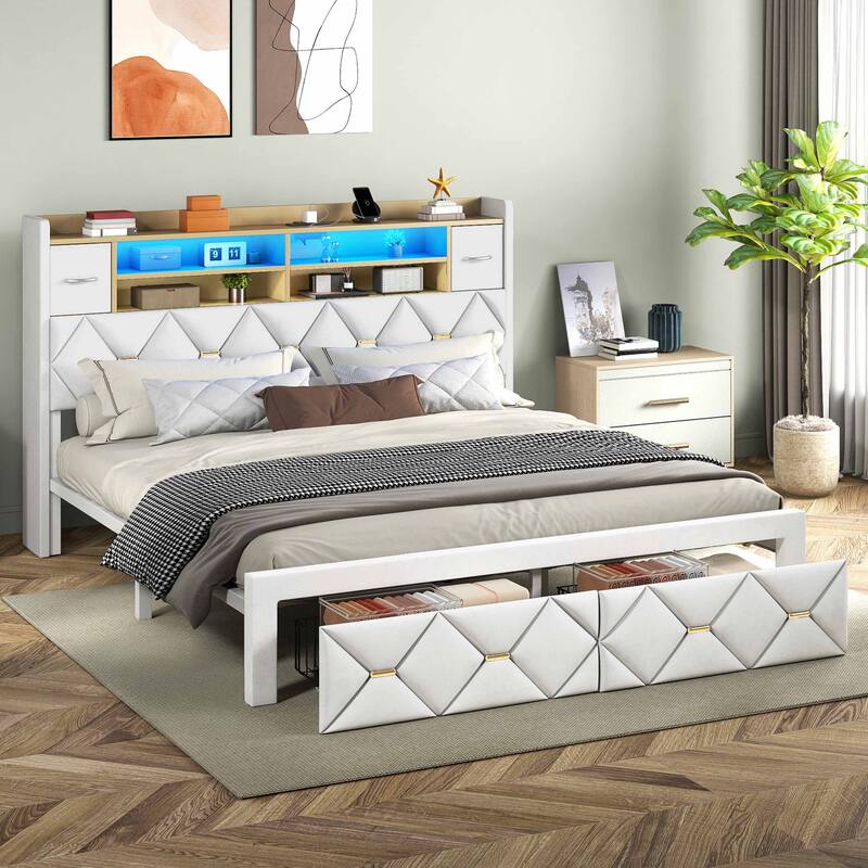 Moasis Upholstered Bed Frame with Storage Headboard And Charging Station and LED Light