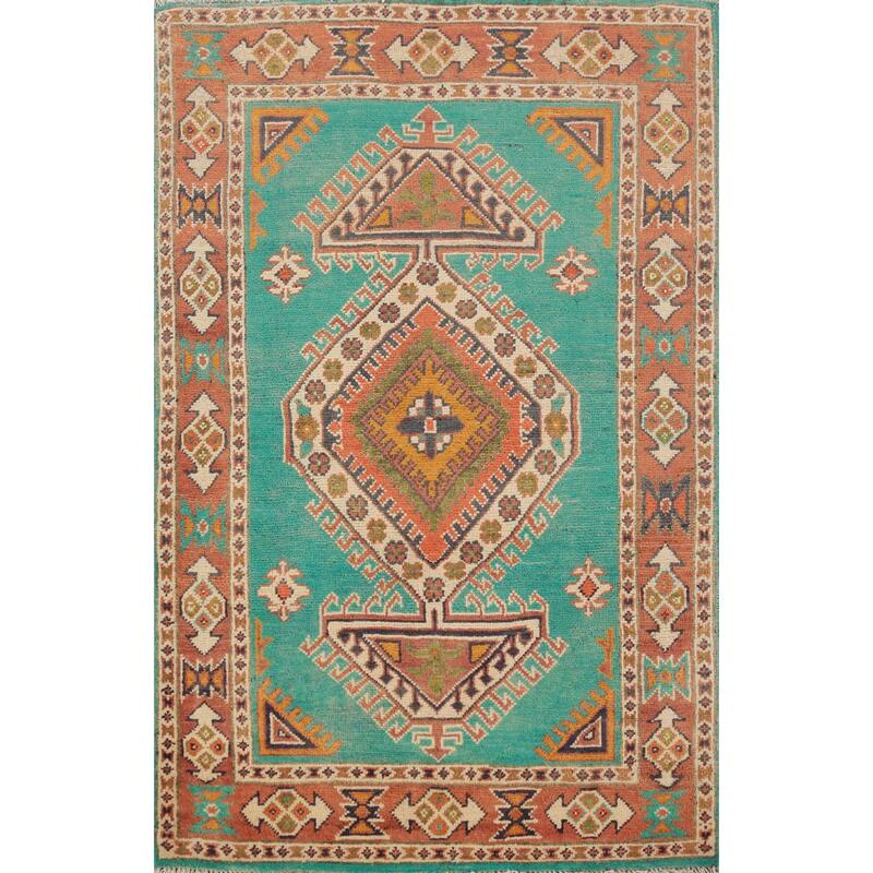 Turquoise Green Kazak Foyer Rug Hand-Knotted Wool Carpet - 2'9"x 4'2"