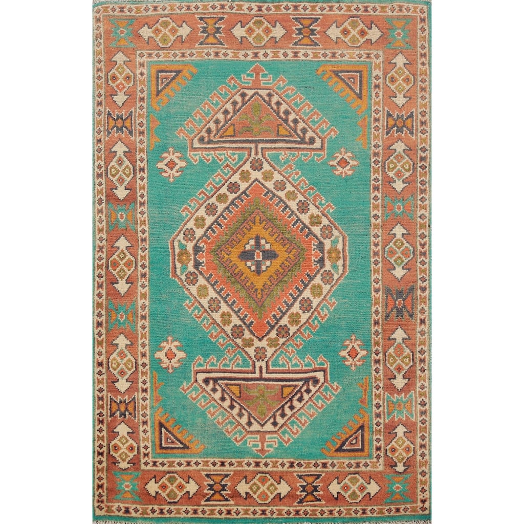 Turquoise Green Kazak Foyer Rug Hand-Knotted Wool Carpet - 2'9"x 4'2"