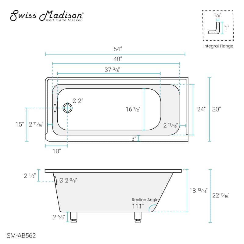 Voltaire 54 in x 30 in Acrylic Glossy White, Alcove, Integral Bathtub