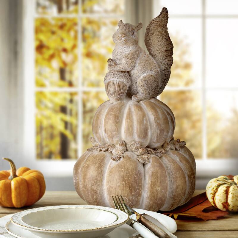 14" Resin Squirrel On Pumpkin Stack - 45%POLYRESIN+55%NATUAL STONEPOWDER