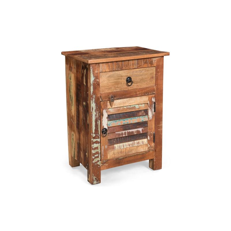Roomfitters Handcrafted Side Table with Drawer and Cabinet, Recycled Wood with Boho Finish, Natural