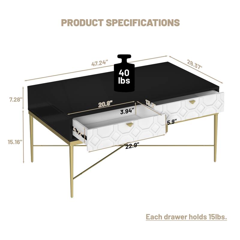 Modern Black and White Coffee Table Storage Table with 2 Drawers and Adjustable Feet, for Living Room
