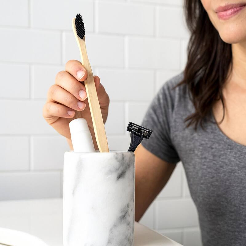 Creative Home Natural Off-White Marble Pen Pencil Holder Cup, Makeup Brush Organizer