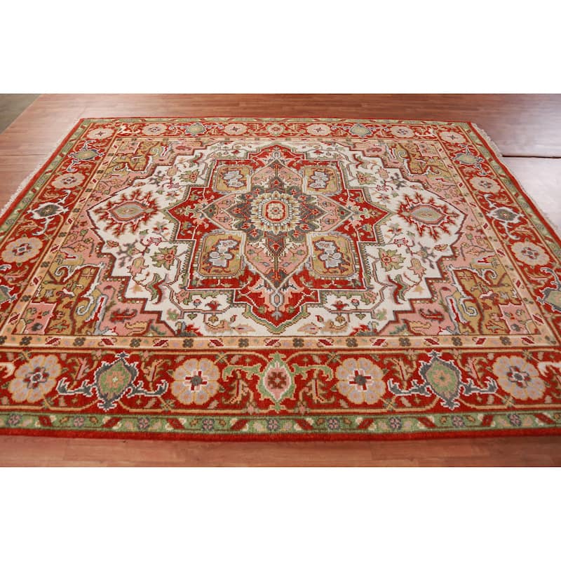 Hand Knotted Oriental 100% Wool Carpet Traditional Medallion Beige & Ivories Heriz (serapi) Area Rug - 9' 11'' X 8' 0''