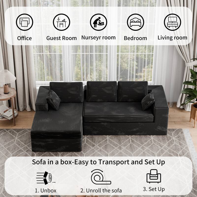 Black 108" Boneless Cloud Couch, Modular L-Shaped Sectional Sofa