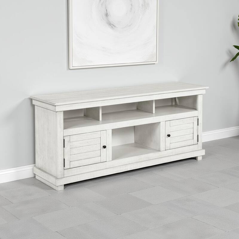 Ayne TV Stand Media Cabinet, 2 Doors and 4 Shelves, White Wood 60 Inch