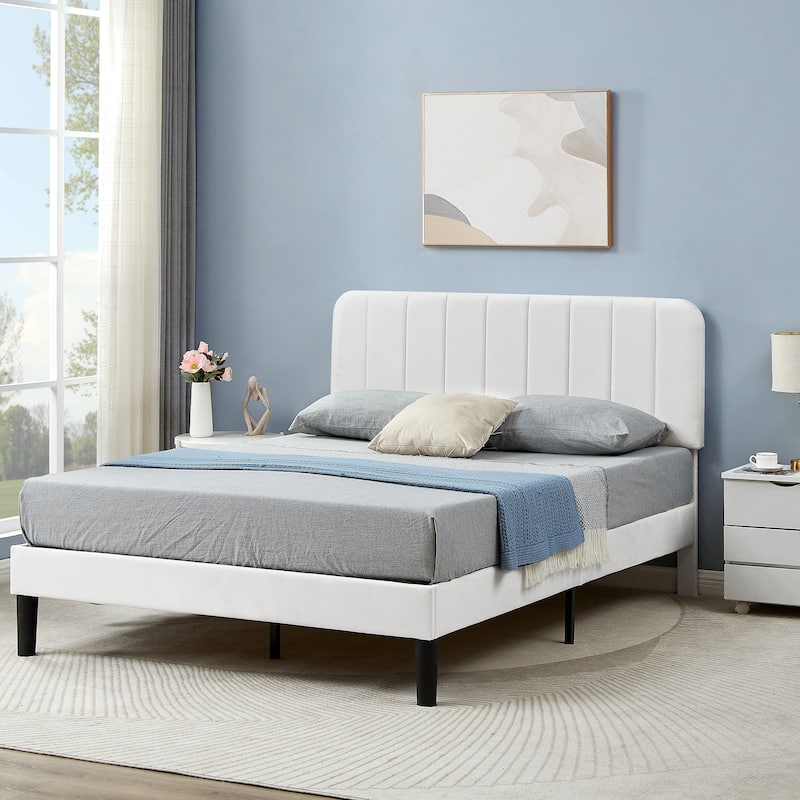 VECELO Velvet Upholstered Bed Frame with Vertical Channel Tufted Headboard, Adjustable Headboard, Wooden Slats Support