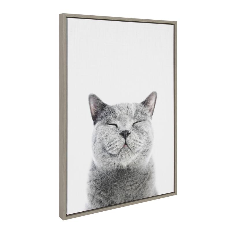 Kate and Laurel Sylvie Smiling Cat Framed Canvas by Amy Peterson - 23x33 - Plastic - Grey