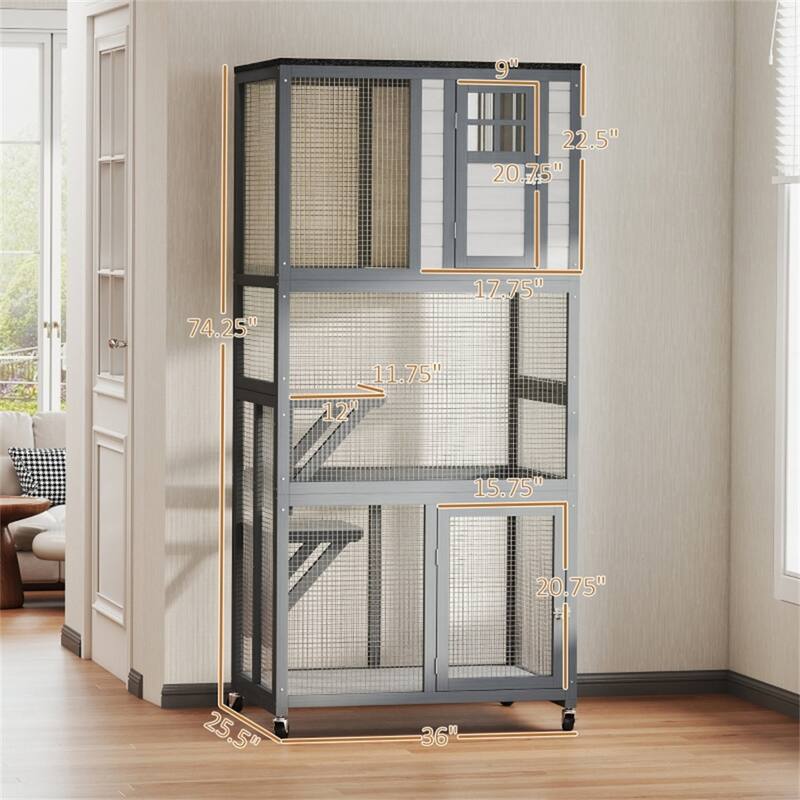 Fir Wood Steel Cat Cage with Wheels and Multi-Levels