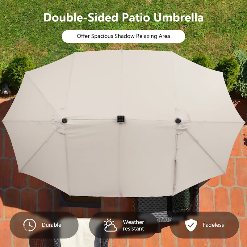Costway 15FT Twin Patio Double-Sided Umbrella 48 Solar LED Lights - 15.4' x 9.2' x 8'