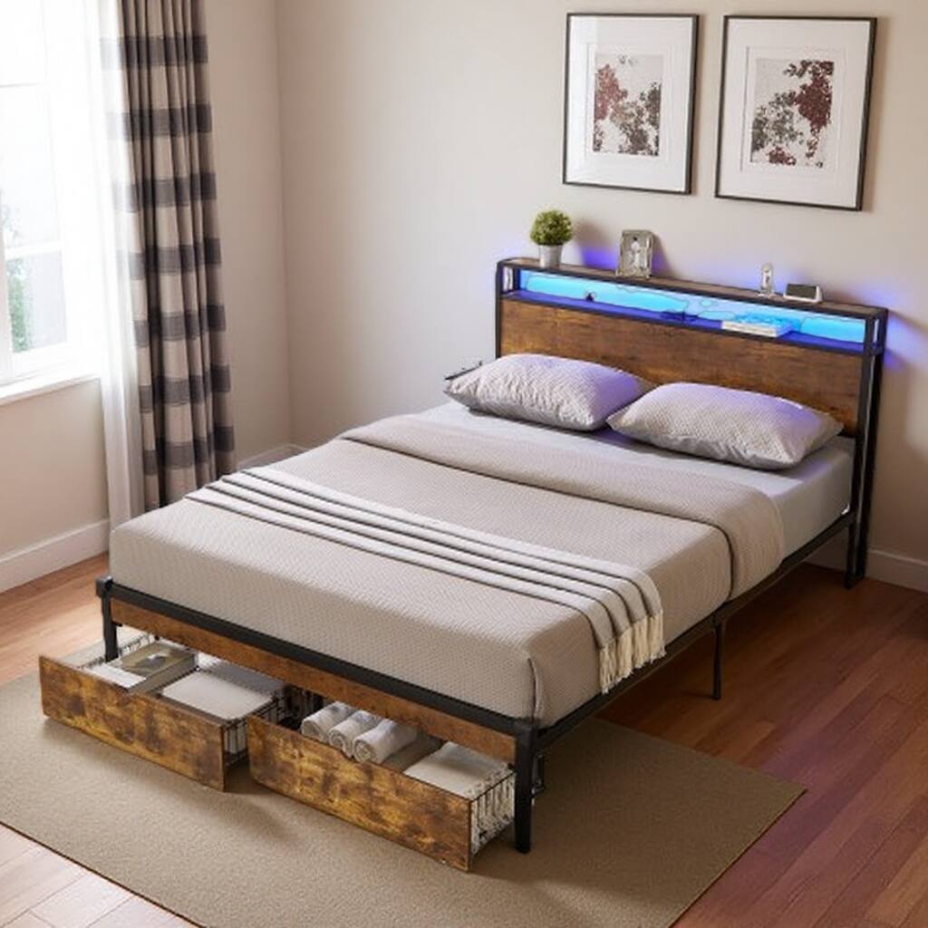 King Size Metal Bed Frame with LED Headboard, USB Charging Ports, Storage Drawers, and Wood Accents - Sturdy Platform Design