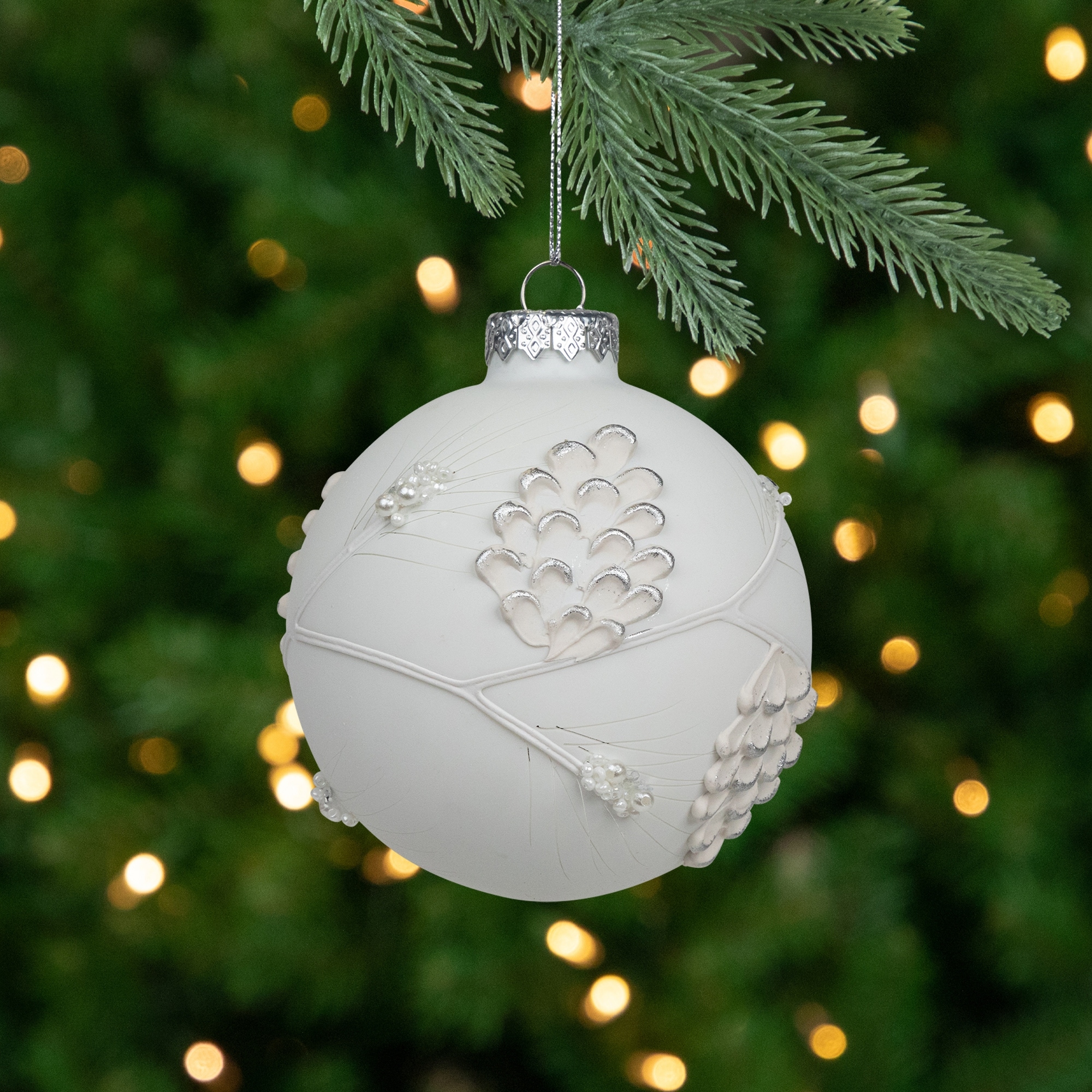 White and Silver Leaves Glass Ball Christmas Ornament - 3.5"