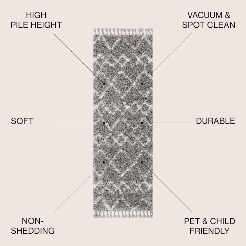 JONATHAN Y Modern Shag Plush Tassel Moroccan Tribal Geometric Trellis Area Rug