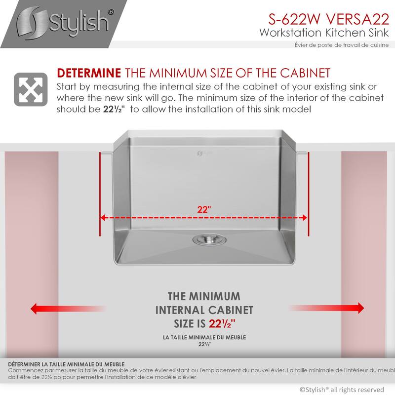 STYLISH 22 inches Workstation Single Bowl Undermount 16 Gauge Stainless Steel Kitchen Sink with Built in Accessories Handmade