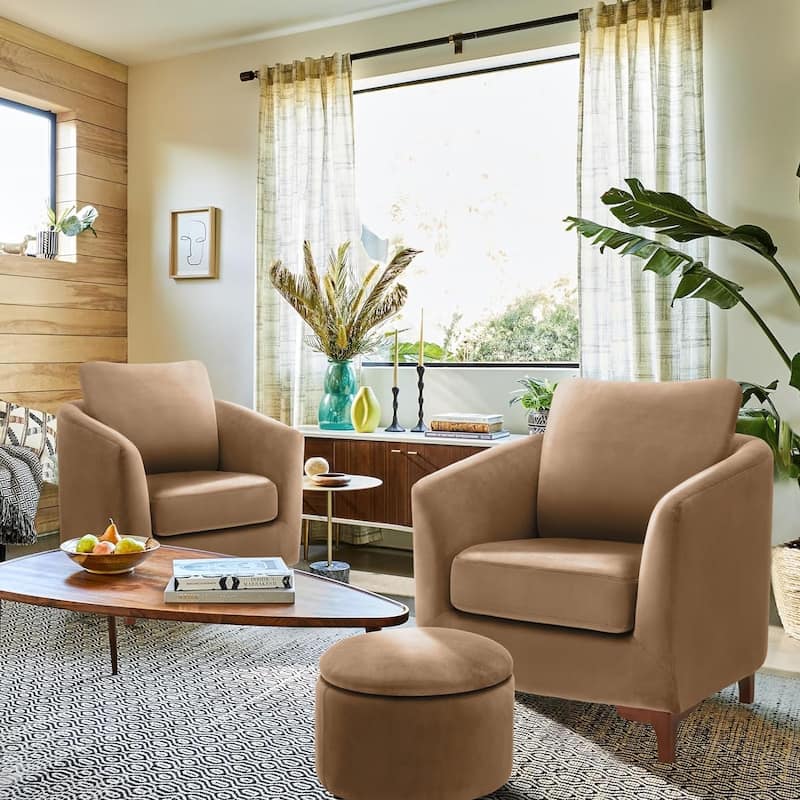 Sherpa Accent Chair with Storage Ottoman Set, Upholstered Barrel Club Arm Chair with Footrest Set of 1/2