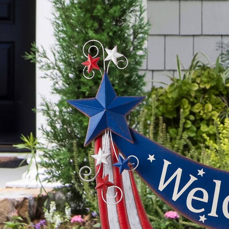 Glitzhome Metal Americana Stars Stripes Yard Stake Wall Sign with Welcome Flag