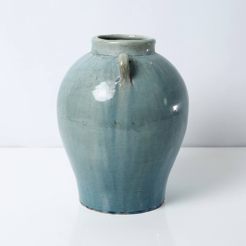 Approx. 12" H Vintage Style Blue-Green Vase with Two Handles (4.5" Opening)
