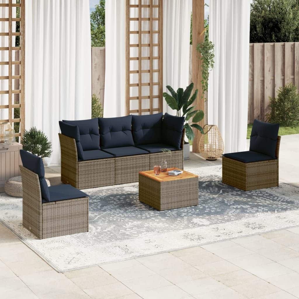 vidaXL 6 Piece Patio Sofa Set with Cushions Gray Poly Rattan - 24.4" x 24.4" x 27.2"