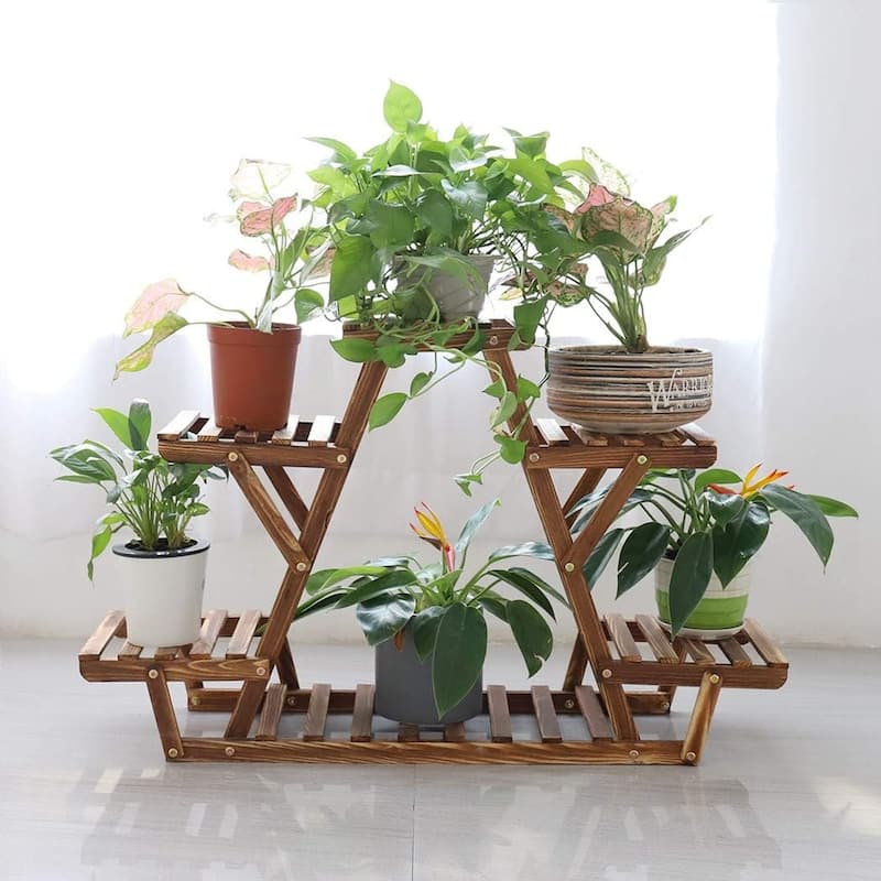 Triangular Plant Stand Wooden Flower Shelf Window Decor