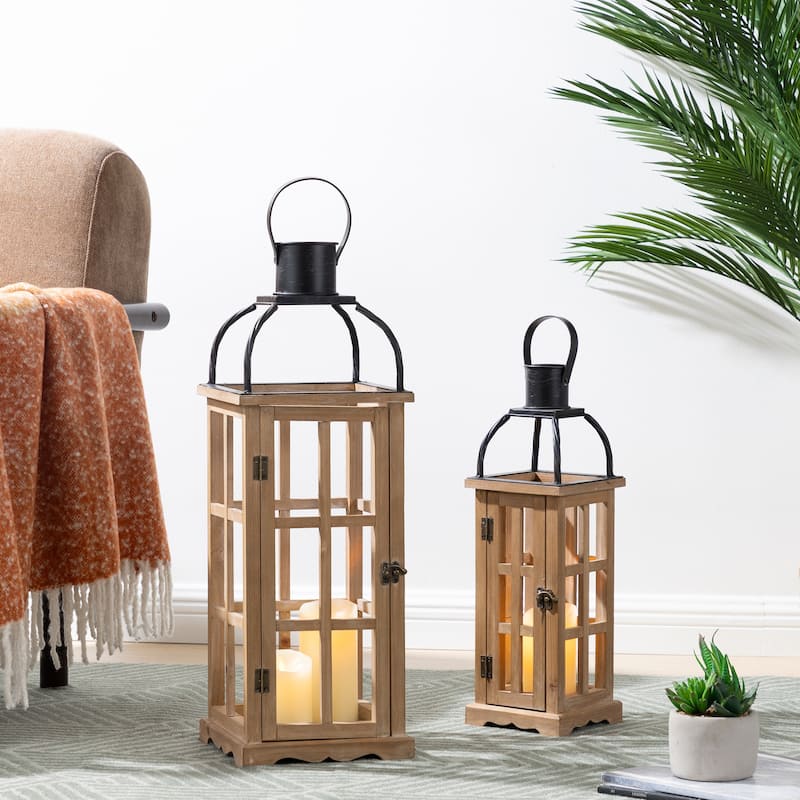 Glitzhome Farmhouse Wooden Metal Cage Candle Holders Patio Hanging Vintage Lanterns (Set of 2)