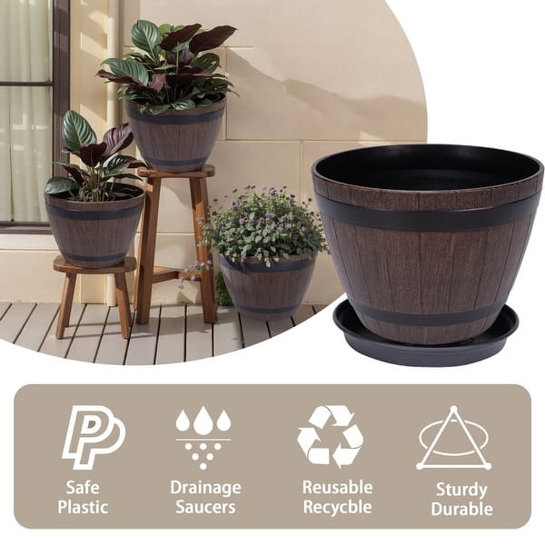 Javlergo 3 Pack 13" Planter Plastic Whiskey Barrel Planter with Drainage Holes & Black Saucers for Indoor Outdoor Use - Brown