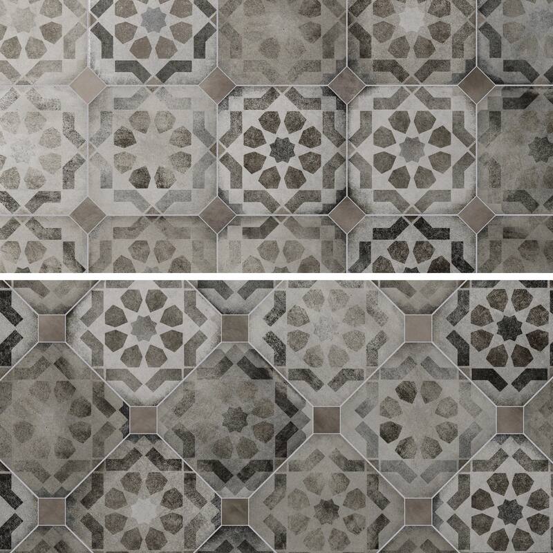 Merola Tile Laverton Octagon Deco Sombra with Grafito 7-7/8" x 7-7/8" Porcelain Floor and Wall Tile