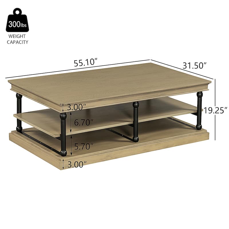 55.1" Modern Wood Coffee Table with Black Legs and 2 Open Shelves, Large Living Room Center Table