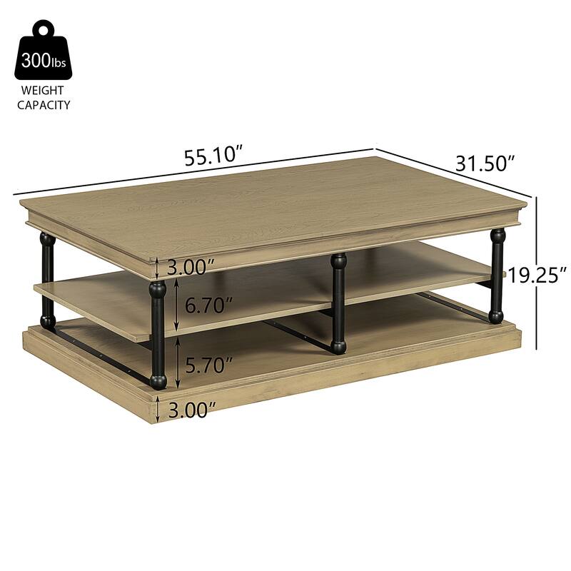 55.1" Wood Coffee Table with Black Legs, 2 Open Storage Shelves, Modern Living Room Table