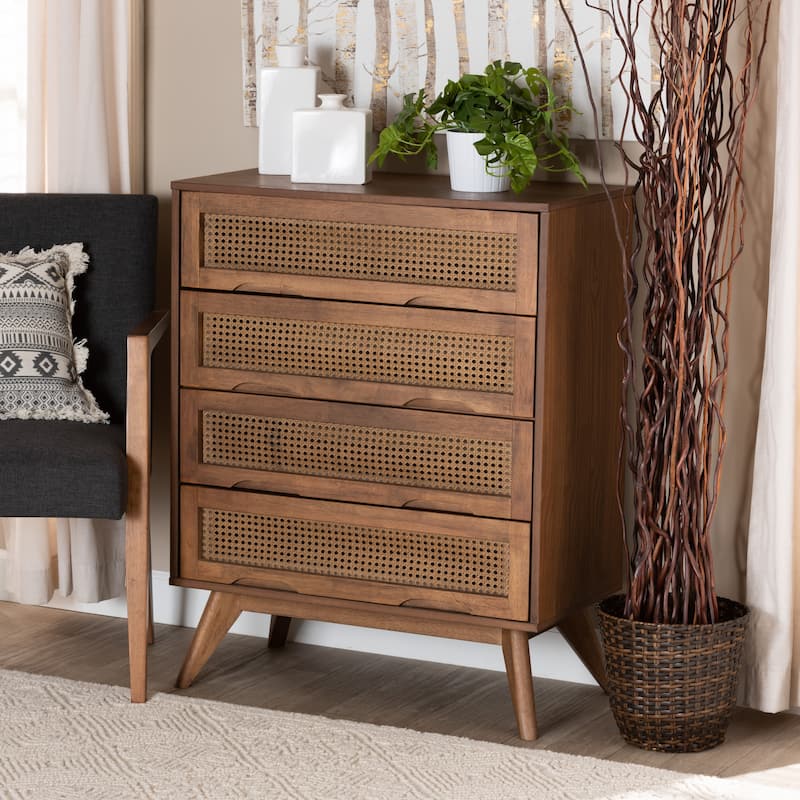 Barrett Mid-Century Modern Wood and Rattan Chest in Walnut Brown Color