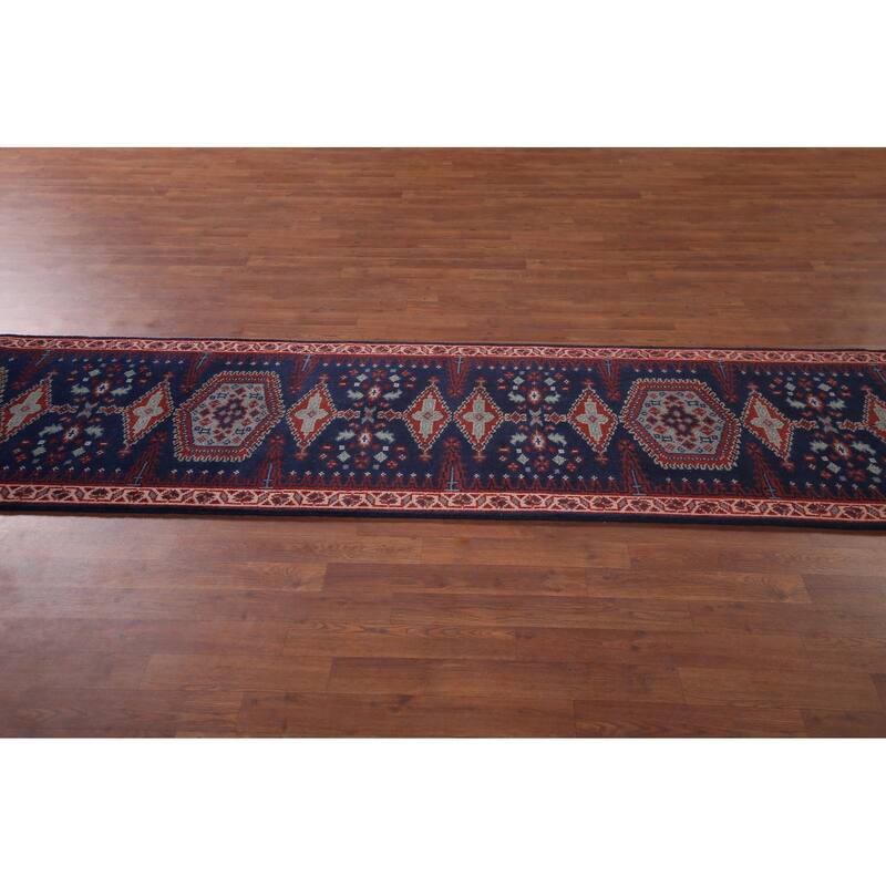 Blue Geometric Viss Oriental Runner Rug Handmade Wool Carpet - 2'7"x 11'10"