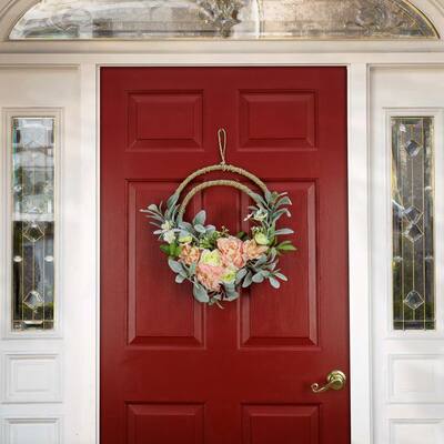 National Tree Company 18 inch Artificial Spring Double Hoop Wreath with Peony, Rose, and Lamb's Ear Flower Blooms
