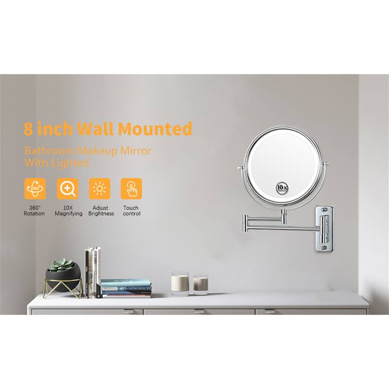 Wall Mounted Makeup Mirror Lighted 10X Magnifying 8" 3 Color Mode