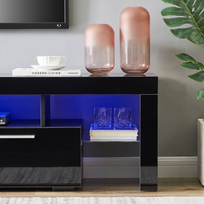 TV Stand Entertainment Center Console with LED Light and Glass Shelf, Metal Handle