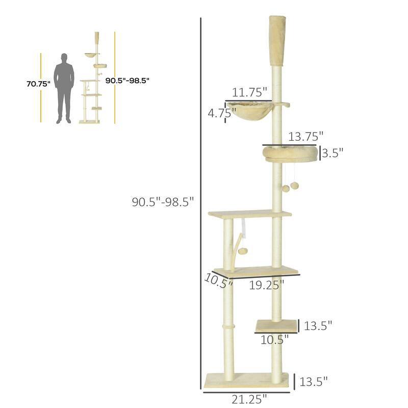 PawHut Floor to Ceiling Cat Tree, 90.5" - 98.5" Adjustable Height, Cat Climbing Tower with Carpeted Platforms, Cozy Bed, Hammock